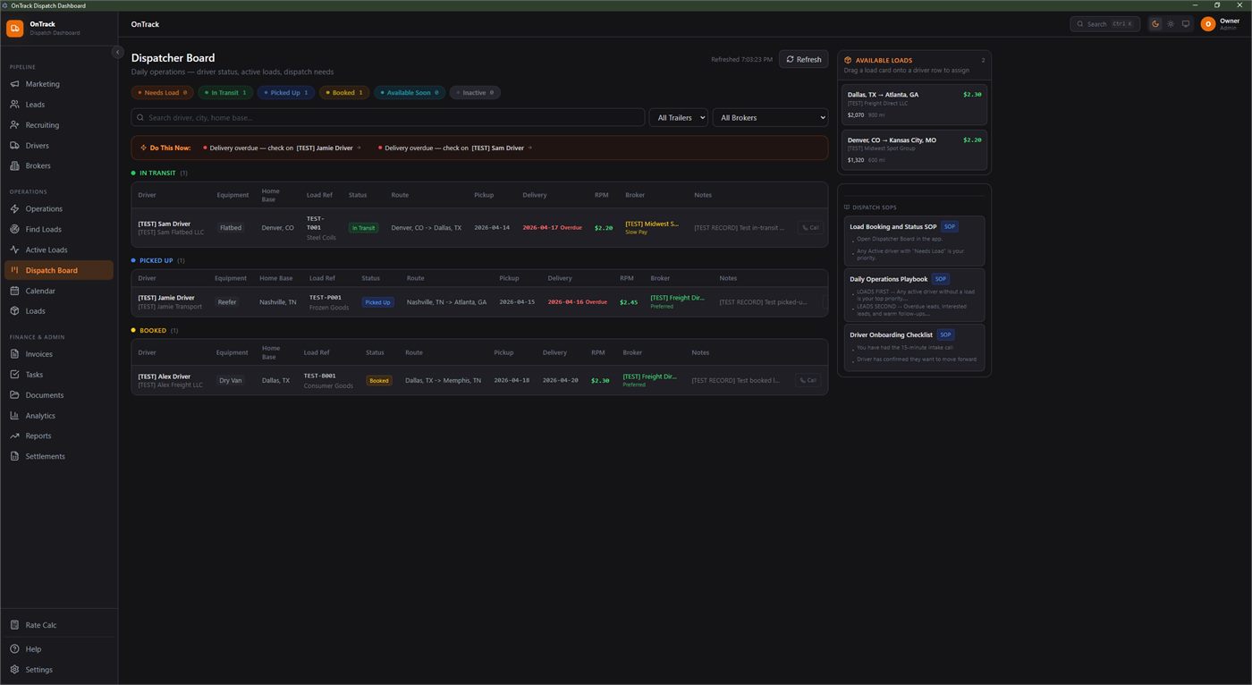 Dispatch Board screen showing drivers grouped by status with loads and routes