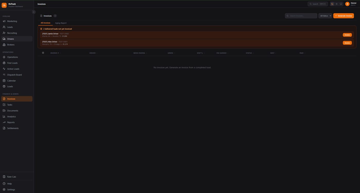 Invoices screen showing generated dispatch invoices with status and export options