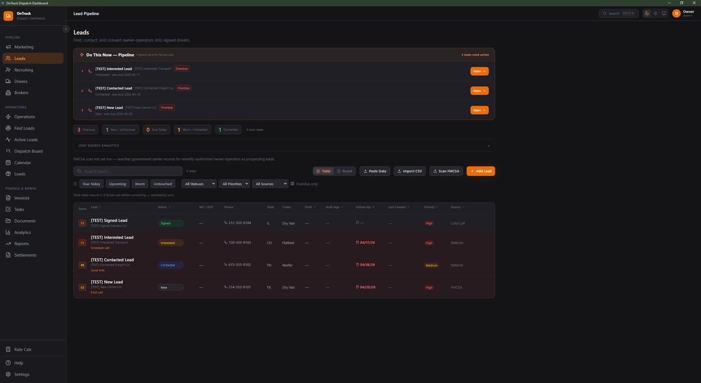 Lead Pipeline screen with carrier leads, next actions, and follow-up tracking