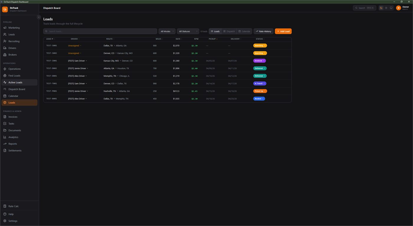 Loads screen showing active loads with routes, rates, and lifecycle status